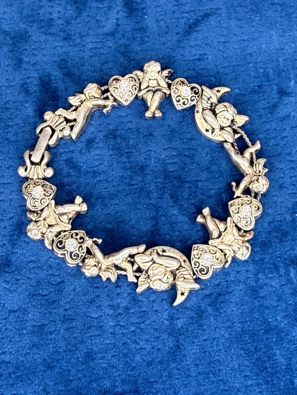 Vintage 1990s Y2K Angel Cherubs Hearts Rhinestones Silver-Tone Bracelet 8" Avon